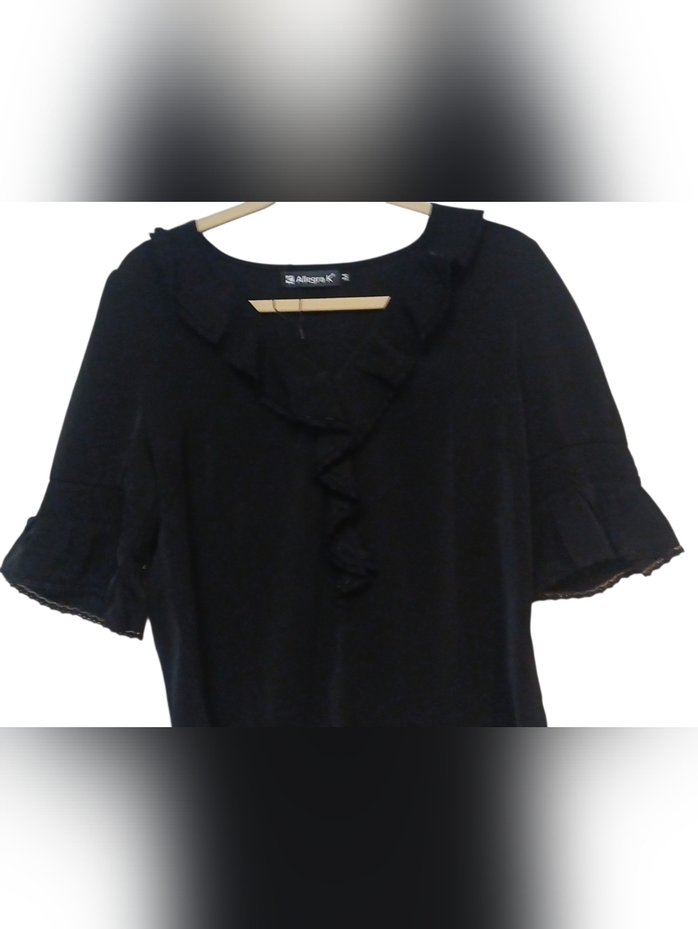 Allegra K - NWOT, Black Blouse W/ Lace Trim, Ruffles In Front & Sleeves, Size M - Picture 8 of 10